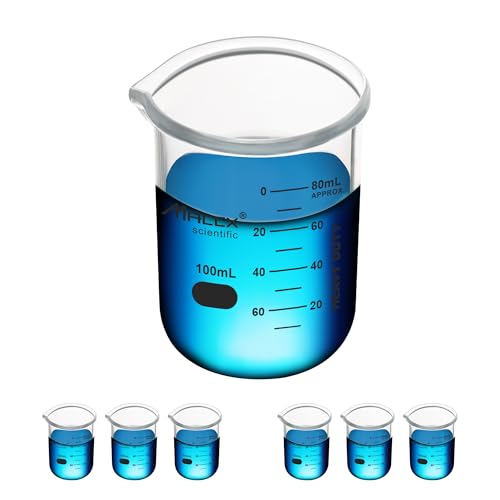 3.4oz(100ml) Sturdy Glass Beaker, Heavy-Duty Lab Beaker Set, 3.3 Borosilicate Griffin Low Form with Printed Graduation, Pack of 6, BKL100-006 - style: Vol.100ml, Pack of 6