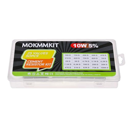 25 Values 10W Ceramic Cement Resistor Kit 100 Ohm - 100K Ohm - size: 100Ω-100K Ω 50PCS