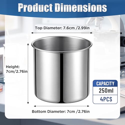4 Pack 250ml Stainless Steel Beaker, Rolled Rim Laboratory