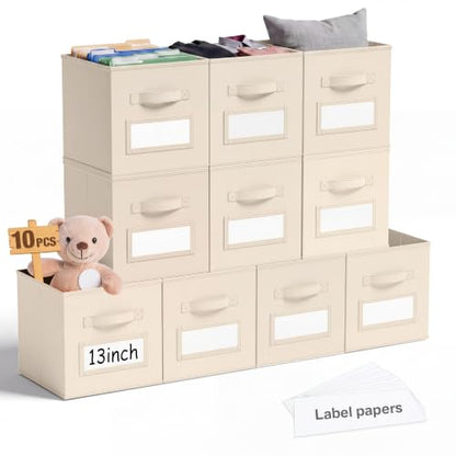 10 Pack Fabric Storage Cubes with Label 11" Collapsible Cube Bins, Beige - color: Beige, size: 13 Inch