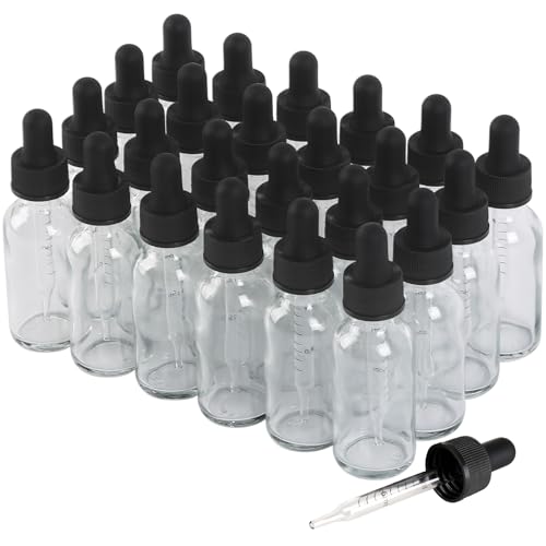 NOOEEISS 24 Pack,1oz Glass Dropper Bottle, Clear Tincture Bottles with Dropper, Pretty Finish for All Kinds of Liquids,Oil Bottles for Hair- Stronger Suction ideal for Leakproof Travel - color: Clear, size: 1oz-24Pack