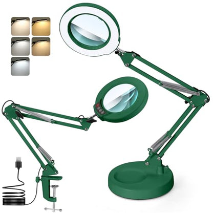 12X Magnifying Glass with Light and Stand, Real Glass Lens Desk Lamp, Lighted Magnifier with Light Stepless Dimming Hands Free for Craft, Reading, Painting, Sewing, Solder - Green - color: Green