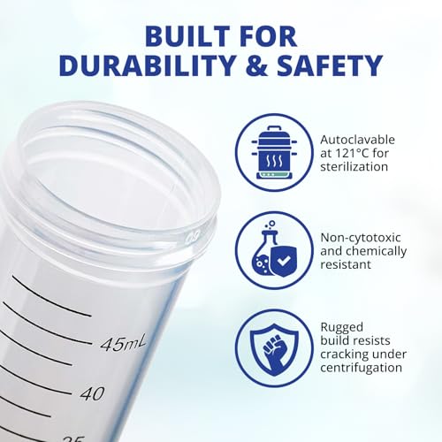 United Scientific™ 50mL Centrifuge Tubes, Pack of 50 – Sterile, Conical Polypropylene Tubes with Leak-Proof Screw Caps, Plastic Containers with Black Graduations & White Writing Space