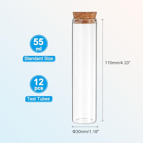 PATIKIL 55ml Test Tubes, 12pcs 4.33x1.18 Glass Clear Flat Bottom Test Tube Containers with Cork Stopper for Bead Party Candy Bath Salt Storage Scientific Experiment Plant Propagation - size: 55ml