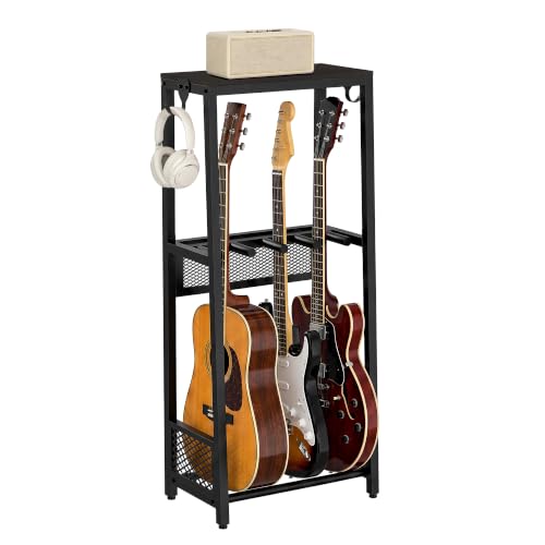 EmberGlow Multi-Guitar Stand with Top Display Shelf - Heavy Duty 24.5 lbs Metal Guitar Rack with Adjustable Spacing & Soft 6mm EVA Padding, Premium Instrument Holder for Acoustic, Electric, Bass, Ukulele, Model S (Brown) - color: Brown Shelf Board, size: