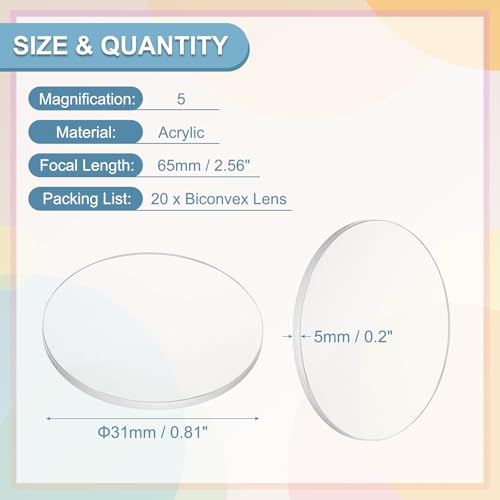 PATIKIL 20 Pack Biconvex Lens, 31mm Dia. 65mm Focal Length Optical Lenses Magnifier Paperweight Acrylic Double Convex for DIY Office Desk Home Science Experiment Telescope - size: 31mm Dia. x 65mm Focal Length