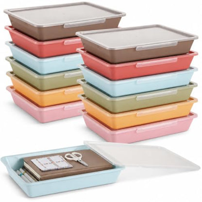 12 Pcs Letter Size Flat Storage Tray with Latching Lid (Retro) - color: Blue Brown