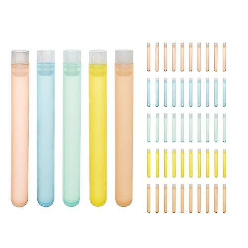 ULAB 50pcs Plastic Test Tubes with Caps, Dia16x125mm PartyTubes Shot Glasses, Multiple Colored Tubes with Transparent Lid, UTT1021 - style: Assorted Color