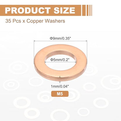 PATIKIL 35PCS M5 Copper Washers, M5x9x1mm Copper Crush Washer Metric Flat Washers Sealing Washers Assortment Kit Oil Drain Plug Gasket Ring for Automotive Battery Vehicles Screws Bolt - size: M5x9x1mm