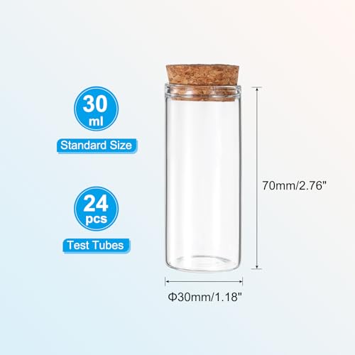 PATIKIL 30ml Test Tubes, 24pcs 2.76x1.18 Glass Clear Flat Bottom Test Tube Containers with Cork Stopper for Bead Party Candy Bath Salt Storage Scientific Experiment Plant Propagation - size: 30ml