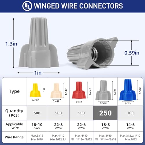 250 Pcs Grey Wire Connectors Nuts, Winged UL Listed Wire Caps - color: Winged Gray-250PCS