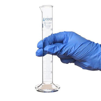 Graduated Cylinder, 50ml - Class A Tolerance ±0.50ml - Round Base - Blue Graduations - Borosilicate 3.3 Glass - Eisco Labs - size: 50mL