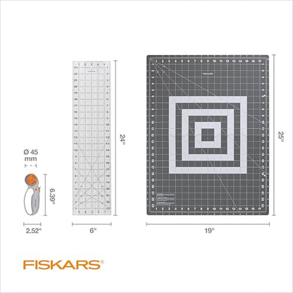 Fiskars 3-Piece Sewing Tool Set w/ 45mm Rotary Cutter, Cutting Mat & Ruler