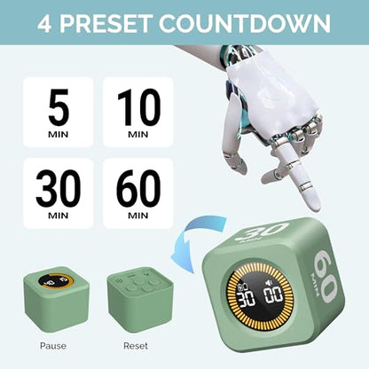 KADAMS Pomodoro Timer – Visual Cube with 5/10/30/60 Min Presets, LED Countdown Ring & Count Up Mode, Silent Flip Productivity Timer for Study, Classroom, Office, Cooking (Green 5-10-30-60 min) - color: Green 5-10-30-60 Min