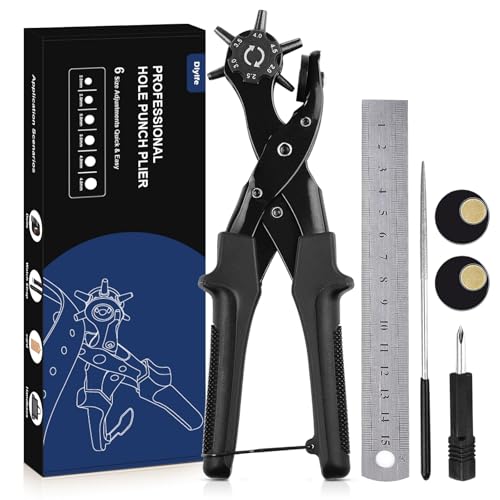 Leather Hole Punch for Belt, Diyife Revolving Punch Plier Kit, 6 Hole Sizes - color: Black