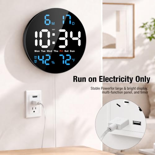 10 Inch Large Digital Wall Clock, LED Round Electric Clocks with Dual Timers (Count Up/Down), 12/24hr Mode, Date, Temperature, Remote Control for Classroom, Home Office, Bedroom (Blue) - color: Blue