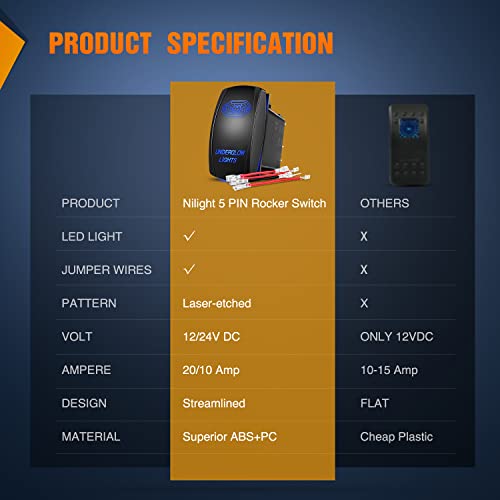 Nilight Underglow Lights Rocker Switch w/Jumper Wires Set 5Pin Laser Blue - size: UNDERGLOW LIGHTS