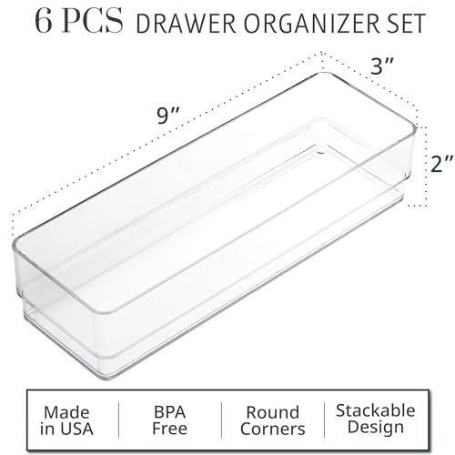 STORi SimpleSort 6-Piece Stackable Clear Drawer Organizer Set | 9" x 3" x 2" Rectangle Trays | Narrow Makeup Vanity Storage Bins and Office Desk Drawer Dividers | Made in USA - size: 9x3x2" (Set of 6)