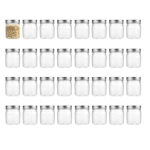 8 Ounce Clear Plastic Mason Jars With Screw On Lid, Reusable Empty Jars for Food Storage, Round BPA Free Containers for Sealing, Dry Food, Snacks, Candies, Breakage-proof, (Silver - 32 Pack)