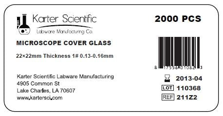 Karter Scientific 211Z2 Standard Microscope Cover Slip, 1 Thick, 22x22mm, 200pk (Case of 2000) - style: Pack of 2000