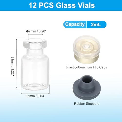 PATIKIL 12pcs 2ml Clear Borosilicate Glass Sample Vials with Aluminum Plastic Cap and Rubber Stopper for Lab Solid Liquid Powder Storage, Light Gold Tone - color: Clear/Light Gold Tone, size: 2ml