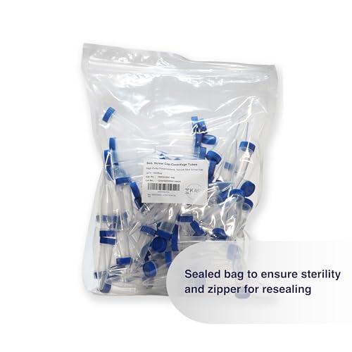 Kashi Scientific 5mL Screw Cap Conical Centrifuge Tubes, Sterile Test Tubes with Blue Lids, Lab-Grade Polypropylene Plastic, Printed Graduation and Write-on Spot [5mL Screw Cap, 100] - size: 5mL, Screw Cap