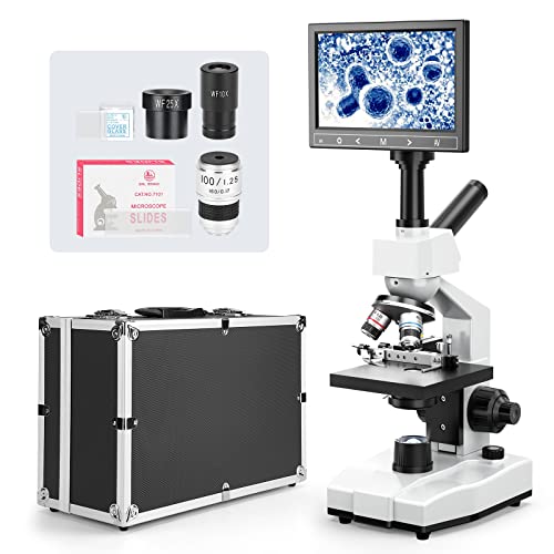 [Blood Version] Vabiooth Dual-View Compound Monocular Microscope 40X-2500X Magnification with 7" LCD Screen 5MP E-Eyepiece, Adjustable Mechanical Stage, Aluminum Carry Box for observing Live Blood - style: Blood