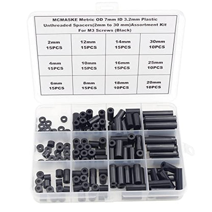 160PCS OD7mm ID3.2mm Black ABS Unthreaded Spacer Kit for M3 Screws - size: OD 7mm ID 3.2mm