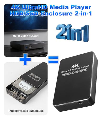 ACEMAX 4K@60Hz Offline Media Player with 2.5-Inch SATA HDD/SSD Enclosure, H.265 10bit/HEVC Digital Signage Player with Auto Play, Loop and Resume, USB, MicroSD, HDMI and AV Output