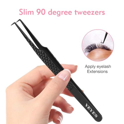 VEYES INC Lash Tweezers for Eyelash Extensions,Fiber Tip Tweezers for Individual Classic and Volume Lash,Stainless Steel Lash Tweezers-Slim 90 Degree - style: Noir N1