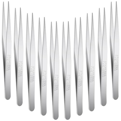 WILLBOND 10 Pcs Stainless Steel Tweezers Long Lab Forceps Flat Round Tip