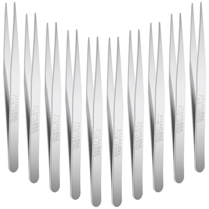 WILLBOND 10 Pcs Stainless Steel Tweezers Long Lab Forceps Flat Round Tip