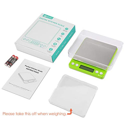 AMIR Digital Kitchen Scale, 500g-0.01g Mini Pocket Jewelry Scale, Cooking Food Scale with Backlit LCD Display, 2 Trays, 6 Units, Auto Off, Tare, Stainless Steel (Battery Included) - color: Green