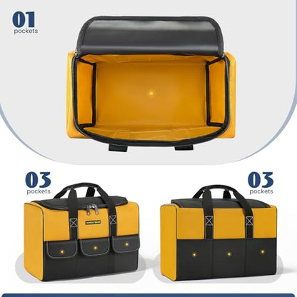 Tool Bag, 17 Inch, Yellow and Black, Wide Mouth Opening, Reinforced Handle, 3 Front Pockets - size: 17INCH/43CM
