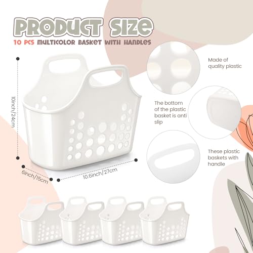 Nuogo 10 Pack White Basket with Handles Plastic Oval Carry Totes with Handles Caddy Multipurpose Organizer Reusable for Bathroom Dorm Communal Showers Kitchen School, 10.6" x 6" x 10" - color: White