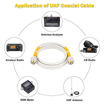 MOOKEERF 6ft White RG8x PL-259 UHF Male to Male Low Loss Coax Cable for CB Radio, Ham Radio, VHF Radio, Antenna Analyzer, Monitor, Tuner, Dummy Load, SWR Meter - size: 6FT