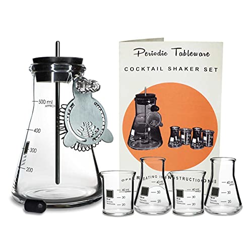 Laboratory Cocktail Shaker Set by Periodic Tableware– Borosilicate Glass Flask Shaker with Stainless Steel Stirring Rod, Strainer, Silicone Plug, Retro Manual & 4 Laboratory Shot Glasses
