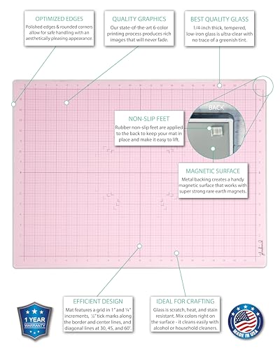 GLASSBOARD STUDIO Glass Craft Mat - Magnetic, Heat & Scratch Resistant - For Crafting, Cutting, Painting, Mixed Media Artwork - Grid Lines, Non-Slip Rubber Feet (Blush 18"L x 24"W) - color: Blush, size: 18"L x 24"W
