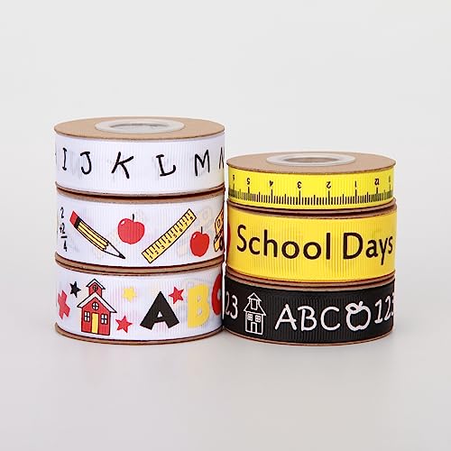 Meseey Back to School Themed Grosgrain Ribbon Ruler School Bus Apple ABC Pencil Backpack Books Chalkboard Printed Craft Ribbons for Teacher Appreciation,Wreath,Gift Wrapping (6 Rolls 30yards) - color: 6 Rolls 30 Yards
