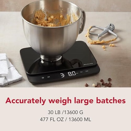 KitchenAid KQ917 High Capacity Glass Surface Digital Kitchen and Food Scale, 30 Pound Capacity and Precision, Grams, Ounces, Pounds, Fluid Ounces & Milliliters, LED, Tare Function, Black - color: Black