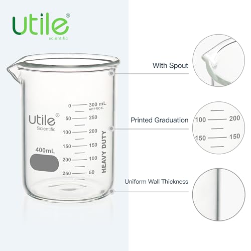 Utile 400ml Beaker Set, 12pcs of 13.5oz Upgraded Thickening Grass Beakers, Low Form Chemical Lab Beakers, Borosilicate 3.3 Glass with Printed Graduation, 4000.0400.12 - style: 12pcs of Vol.400ml