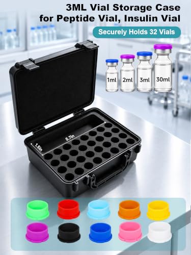 3ml Vial Case, Peptide Vial Storage Case for Refrigerator, 32Slot - color: 32-shots×3ml + 1-slot×30ml + 10 Vial Caps (Black)