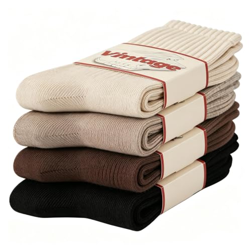 DAUCO 4 Pairs 98% Cotton Socks for Men Women Crew Seamless Fall Slouchy Socks - color: 4 Pairs - Black+light Khaki+khaki+brown, size: 5-10