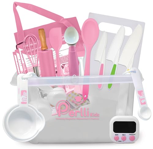 PERLLI Kids Real Cooking and Baking Supplies Gift Set with Case (Pink) - color: Pink