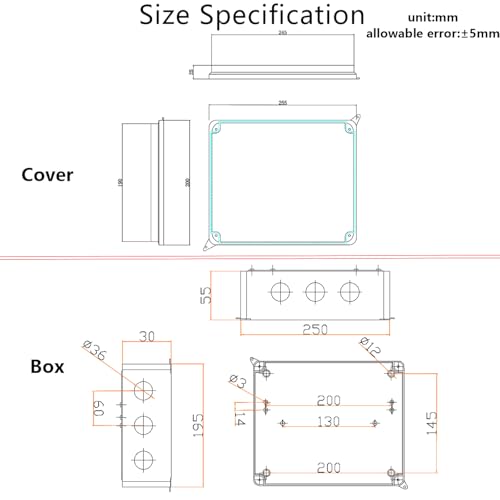Outdoor Waterproof Box,Junction Box Reserved Holes IP65 ABS Plastic Electrical Boxes Power Cord Enclosure Project Box Black Outer Size 10 x 7.9 x 3.1 inch(255x200x80mm) - size: 10" x 7.9" x 3.1"
