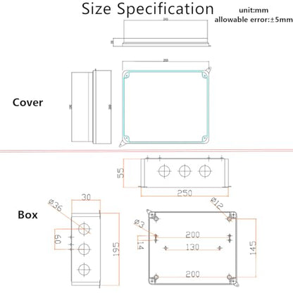 Outdoor Waterproof Box,Junction Box Reserved Holes IP65 ABS Plastic Electrical Boxes Power Cord Enclosure Project Box Black Outer Size 10 x 7.9 x 3.1 inch(255x200x80mm) - size: 10" x 7.9" x 3.1"
