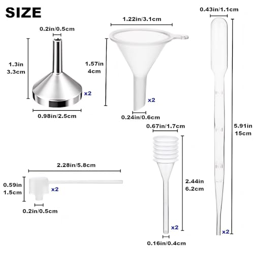 10Pcs Mini Funnels Sets, Aluminium Plastic Small Funnels with Mini Plastic Dropper Pipette Dispenser for Filling Small Bottles, Cosmetics, Crafts, Sand, Essential Oils