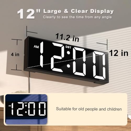 JALL Digital Wall Clock Large Display with Big LED Numbers, Remote Control, 8 RGB Colors, Auto DST, Night Light for Classroom Living Room Bedroom Birthday Gift for Senior (White Font, 12 inches) - color: White Font, size: 12 inches