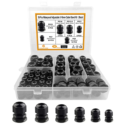 Cable Gland Waterproof,LISTENJIALE 50 pcs Adjustable 3-16mm Waterproof Cable Connectors PG7 PG9 PG11 PG13.5 PG16 PG19 Plastic Cable Gland Joints with Gaskets in PP Box(Black) - color: Black