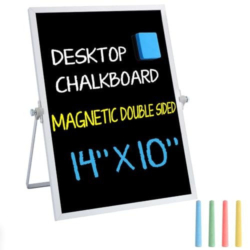 Small Magnetic Chalk Board Easel 10"X14", Double-Sided Tabletop & Wall Hanging Chalkboard with 4 Chalks & Eraser, Desktop Mini Black Board Sign for Office Desk Home Menu School - size: 14"X10"